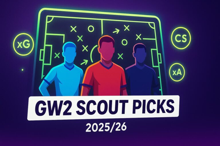 FPL GW2 Scout Picks 2025/26 cover: vibrant tactics board, three player silhouettes and glowing stats icons — perfect hero image for a Gameweek 2 preview and captain picks guide